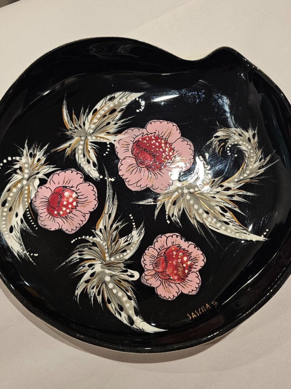 Vintage Sascha Brastoff Mid Century Abstract Floral Black Pink White Dish F42